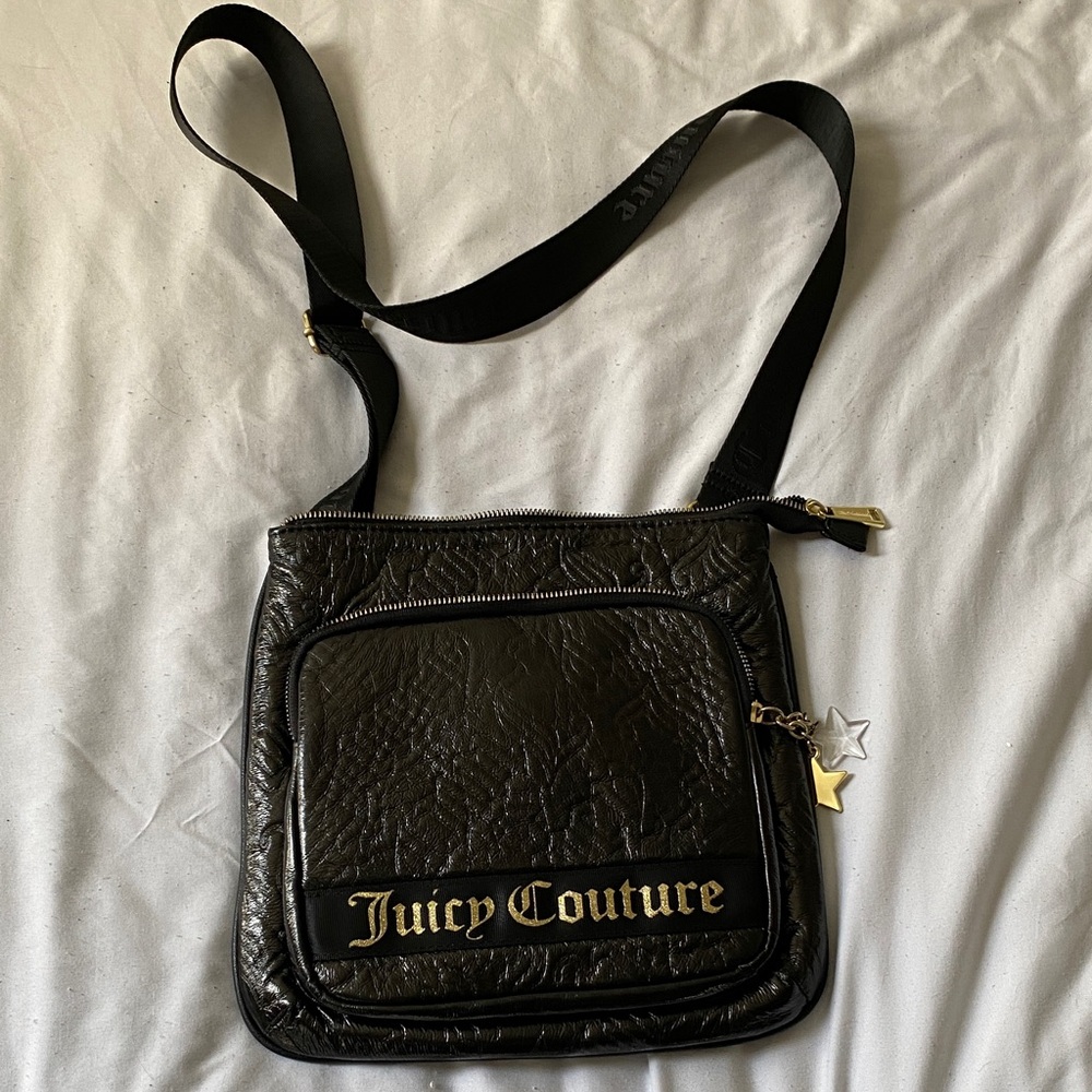 Juicy Couture shiny logo crossbody purse black and gold with star charms